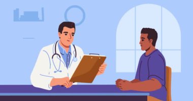Doktor muayenehanesindeki hasta. Terapist ya da klinik personeliyle görüşen bir adamla afiş taşımak. Hastalığın teşhisi ve tedavisi. Sağlık ve Sağlık Hizmetleri. Çizgi film düz animasyon grafikleri