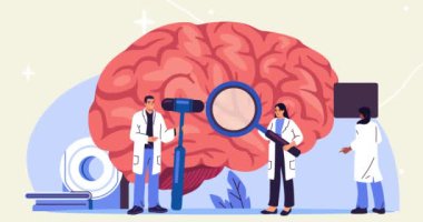 İnsan Beyin Araştırması. Sinir sistemi üzerinde tıbbi çalışma. Bilgisayarlı tomografi kullanarak beyin yarıküresi teşhisi koyan bir grup doktor ve bilimadamı afişi hareket ettiriyor. Çizgi film düz animasyon grafikleri