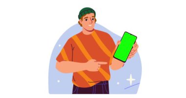 Akıllı telefon gösteren biri. Boş yeşil ekranlı cep telefonu tutan mutlu bir adam mı yoksa fotokopi alanı veya kromatonlu boş bir ekran mı? Uygulama sunumu için pankart taşınıyor. Çizgi film düz animasyon grafikleri