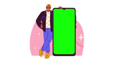 Akıllı telefon gösteren biri. Büyük cep telefonunun yanında boş yeşil ekran kromatonlu mutlu bir adamın olduğu afiş taşıyordu. Uygulama reklamları için boş görüntülü aygıt. Çizgi film düz animasyon grafikleri