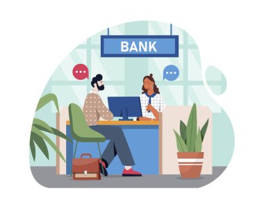 Bankacılık hizmetleri veren bir adam. Genç adam banka çalışanına danışmanlık yapıyor. İş adamı memurla iletişim kurar. Bankada girişimci ve yönetici. Düz vektör çizimi beyaz arkaplanda izole edildi