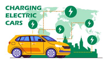Elektrikli arabalar yükleniyor. Sarı hibrit araba. Doğayla ve çevreyle ilgilenmek, atıkların atmosfere salınımını azaltmak. Otomobil ve ulaşım. Düz vektör illüstrasyonu