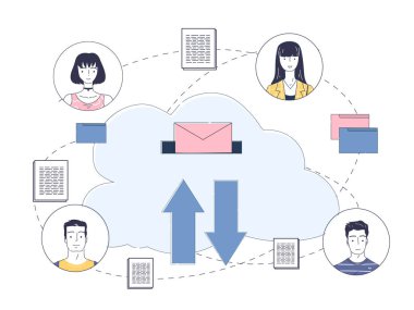 Bulut işi. Erkekler ve kadınlar internette belgeleri değiş tokuş ederler. İşbirliği ve işbirliği, takım çalışması. Dijital arşiv ve depolama. Beyaz arkaplanda izole edilmiş doğrusal vektör çizimi