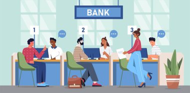 Kredi departmanı konsepti. Erkekler ve kadınlar banka çalışanlarıyla iletişim kurar. Müşteriler katiplerle konuşuyor. Bankacılık hizmetleri olan insanlar. Kredi ve ipotek. Düz vektör illüstrasyonu