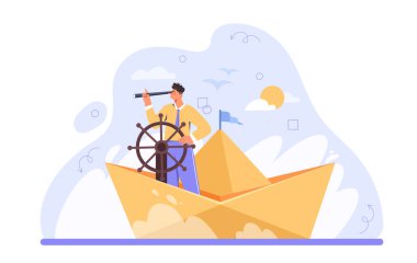 Gelecek görüşü. Teleskobu olan bir adam, denizde ya da okyanusta kağıttan bir teknede. Başarı ve çözüm. Motivasyon ve liderlik, başarı. Planlama ve hedef belirleme. Düz vektör illüstrasyonu