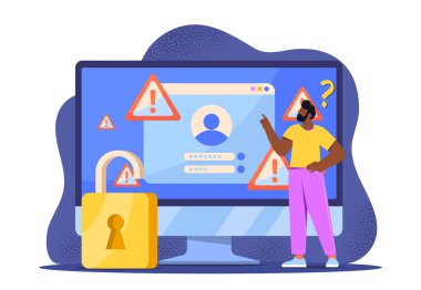 Hacker siber saldırısı. Bilgisayar monitörünün yanında biri var ve kilit açık. Kişisel veri, giriş ve parola hırsızlığı. İnternet 'te hesap hackleme ve tehlike. Virüs bilgisayarda. Düz vektör illüstrasyonu
