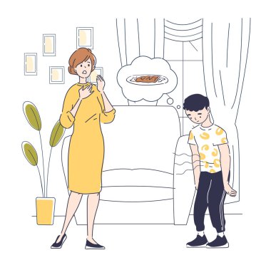 Aç çocuklu anne. Oğlan kadından et ister. Bebek yemek ve yemek istiyor. Annelik ve çocukluk. Beyaz arkaplanda izole edilmiş doğrusal vektör çizimi