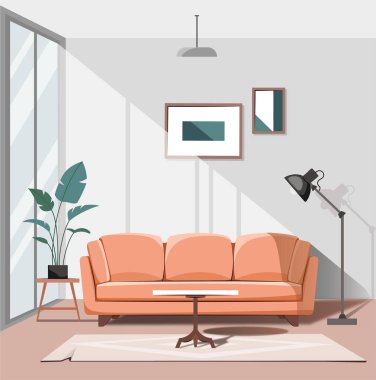 Mobilya oturma odası. Bej kanepe, beyaz sehpa ve duvardaki raflar. Dairenin içinde minimalist bir iç mekan. Evdeki modern mobilyalar. Rahatlık ve rahatlık. Düz vektör illüstrasyonu