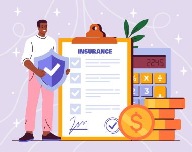 Sigorta bütçesi olan bir adam. Elinde kalkanı, hesap makinesinin yanında altın paraları ve belgesi olan genç bir adam. Gayrimenkulleri korumak için finansal anlaşma. Düz vektör çizimi pembe arkaplanda izole edildi