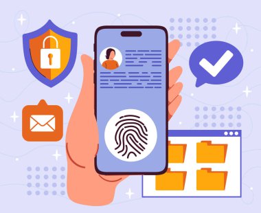 Mobil erişim kontrolü. Biyometrik veri koruması ve parmak izi tarayıcıları olan akıllı telefon. Kişisel verilerin ve dosyaların korunması. Güvenlik ve güvenlik. Düz vektör illüstrasyonu