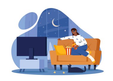 Üç boyutlu filmi olan bir kadın. Üç boyutlu gözlüklü genç kız elinde patlamış mısırla kanepede oturur ve film veya TV dizisi izler. Eğlence ve eğlence, eğlence. Düz vektör çizimi beyaz arkaplanda izole edildi