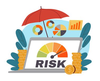 Dizüstü bilgisayarda risk göstergesi. Bilgisayar ekranındaki gösterge ölçer. Banka, girişimci, yatırımcı ve tüccar için risk değerlendirmesi. Finansal bilgi grafikleri. Düz vektör çizimi beyaz arkaplanda izole edildi
