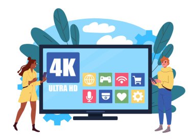 4K televizyonu olan insanlar. Erkek ve kadın yüksek çözünürlüklü ekranın yanında. Televizyonun yanında uzaktan kumandalı bir adam ve kız. Multimedya ve yayın. Düz vektör çizimi beyaz arkaplanda izole edildi