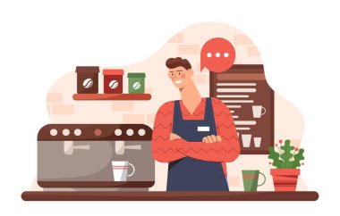 İş yerindeki barmen. Üniformalı genç adam kahve makinesinin yanında duruyor. Yemek servisi çalışanı sıcak içecekler hazırlar. Aroma ve içecek. Macchiano ve kapuçino. Düz vektör illüstrasyonu
