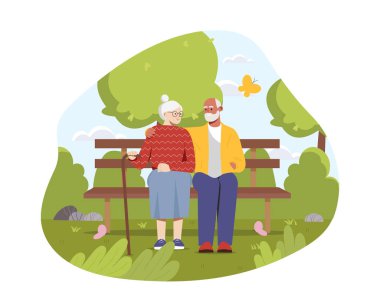 Bankta yaşlı bir çift. Yaşlı adam ve kadın şehir parkında dinleniyor. Büyükbabam ve büyükannem romantik bir randevudalar. Aşk ve romantizm. Düz vektör çizimi beyaz arkaplanda izole edildi