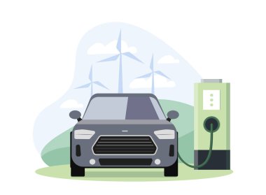 Elektrikli araba konsepti. Hibrit otomobil şarj istasyonunda. Çevreye ve ekolojiye önem vermek, atmosfere karbondioksit atığı salınımını azaltmak. Düz vektör çizimi beyaz arkaplanda izole edildi