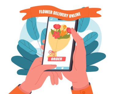 Çiçek teslimatı devrede. Ekranda buketli akıllı telefonu tutan eller. Çiçekçilik, botanik, çiçekçi. Romantik hediye ve hediye. Düz vektör çizimi beyaz arkaplanda izole edildi