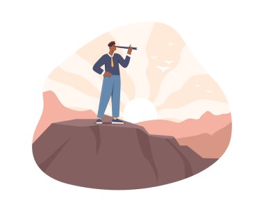 Geleceği gören bir adam. Teleskoplu genç adam dağın tepesinde duruyor. Hedef belirleme ve motivasyon. Hırs ve ilham. Düz vektör çizimi beyaz arkaplanda izole edildi