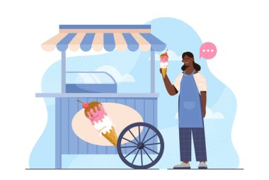 Dondurmacı kadın. Waffle külahı, dondurma ve jelatosu olan genç bir kız. Sıcak hava için tatlı ve lezzet. Gelato satıcısı. Düz vektör çizimi beyaz arkaplanda izole edildi