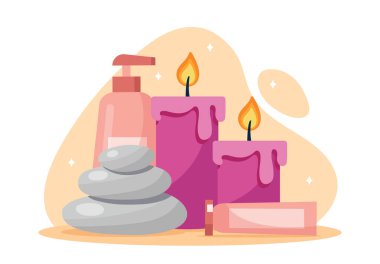 Spa terapi seti. Taşlar, losyon ve kremin yanında pembe mumlar. Güzellik tedavileri ve spa prosedürleri. Rahatlama, dinlenme, refah. Düz vektör çizimi beyaz arkaplanda izole edildi