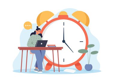İş akışı programı olan bir kadın. Dizüstü bilgisayarı olan genç bir kız büyük bir saatin arkaplanını okuyor. Zaman yönetimi ve planlama, etkin çalışma sürecini düzenleme. Düz vektör illüstrasyonu