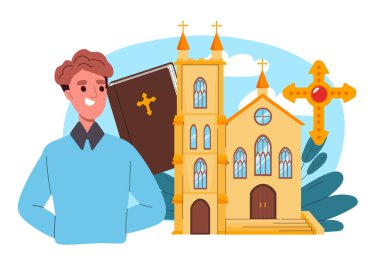 Kilisenin yanındaki Hristiyan adam. Genç adam kutsal kitapla dini binanın yanında duruyor. İnanç ve din, inanç. Tapınağa yakın biri. Düz vektör çizimi beyaz arkaplanda izole edildi