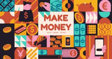 Para kazan. Bozuk paralar, para, cüzdan ve kredi kartlarıyla geometrik afiş taşıyorlar. Yatırım, tasarruf, mali işler ve kişisel bütçe yönetimi. Masraflar ve gelir. Çizgi film düz animasyon grafikleri