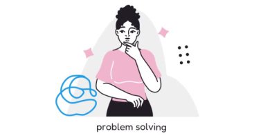 İş için yumuşak beceriler. Kariyer geliştirmek için kişisel yetenek olarak problem çözme. Kadın ofis çalışanı ile afiş taşıyarak bir sürü işi çözüyor. Çizgi sanatı tarzında canlandırılmış grafikler