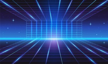 Kablo çerçeve arka planı. Parlayan siber şebeke ile soyut dijital pankart. Siber uzayın ve metaevrenin gelecekteki perspektifi. Oyun tasarımı. Neon 3B vektör illüstrasyonuName