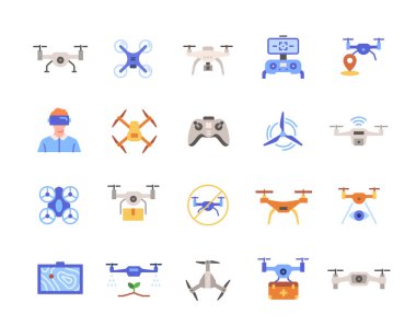 Drone Simgesi Ayarlandı. Kablosuz helikopter, video kamera ve uzaktan kumandalı renkli işaretler. Uygulama ve web sitesi için tasarım ögesi. Düz vektör illüstrasyon koleksiyonu beyaz arkaplanda izole edildi