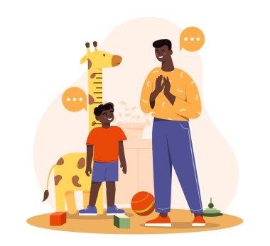 Çocuk vücut ölçüsü. Babası ve oğlu çocuk odasında. Anaokulundaki çocukların büyüme süreci. Boy ve antropometrik veriler. Düz vektör çizimi beyaz arkaplanda izole edildi