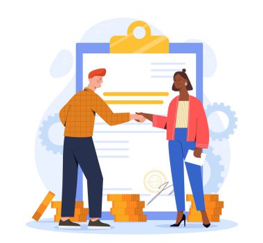 İş anlaşması konsepti. Erkek ve kadın, belge ve altın paraların yanında el sıkışıyor. Yatırımcı ve girişimci. İşbirliği ve işbirliği. Düz vektör illüstrasyonu