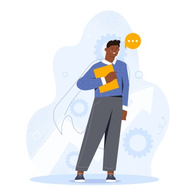 İş tutkusu konsepti. Dosyaları ve belgeleri olan bir girişimci ya da iş adamı. İlham ve planlama, başarı. Düz vektör çizimi beyaz arkaplanda izole edildi