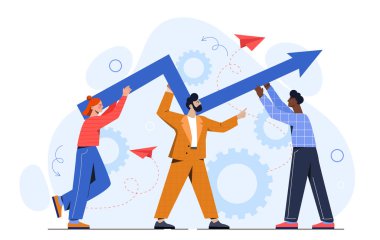 Kariyer gelişimi konsepti. Yükselen oku olan insanlar. Motivasyon ve arzu, planlama. Meslektaşlar ve ortaklar ortak bir projede çalışır. Çizgi film düz vektör çizimi beyaz arkaplanda izole edildi