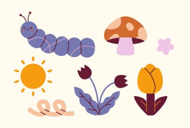 Çocuklar şirin boho çıkartmaları. Mantar, güneş ve çiçek. Bohem tarzı bir ikon. Modaya uygun desenler ve süsler. Sosyal ağlar için çıkartmalar. Düz vektör koleksiyonu bej arkaplanda izole edildi