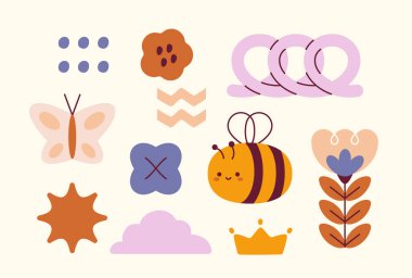 Çocuklar şirin boho çıkartmaları. Yaban arısı, güneş ve çiçek. Bohem tarzı bir ikon. Modaya uygun desenler ve süsler. Yaratıcılık ve sanat. Düz vektör koleksiyonu bej arkaplanda izole edildi