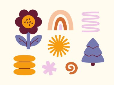 Çocuklar şirin boho çıkartmaları. Gökkuşağı, güneş ve çiçek. Bohem tarzı bir ikon. Modaya uygun desenler ve süsler. Yaratıcılık ve sanat. Düz vektör koleksiyonu bej arkaplanda izole edildi