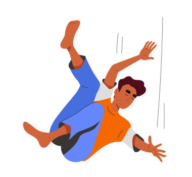 Düşen kişi konsepti. Gökteki adam yere düştü. Rahatlama ve özgürlük. Hayalleri ve ağırlığı olmayan genç bir adam. Süzülen ve süzülen. Düz vektör çizimi beyaz arkaplanda izole edildi