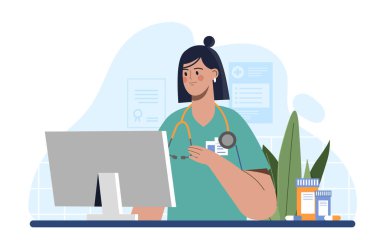 Tıp üniformalı kadın doktor. Setoskobu ve hapları olan bir kadın. İş yerindeki terapist. Sağlık sigortası, ilaç, teşhis. Düz vektör çizimi beyaz arkaplanda izole edildi