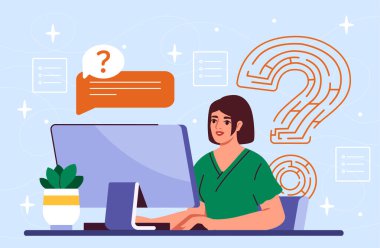 Hyperfocus woman concept. Girl employee sits with laptop near question mark. Time management, productivity and efficiency. Disciplined company worker. Flat vector illustration clipart