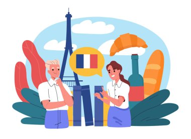 İnsanlar Fransızca öğreniyor. Paris 'in simgeleri yakınında bir kadın ve erkek. Eyfel Kulesi, kruvasan, bir şişe şarap. Turistler Fransa 'ya seyahate hazırlanıyorlar. Düz vektör çizimi beyaz arkaplanda izole edildi