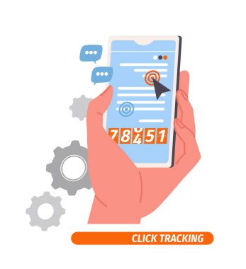 Pazarlama araştırma konsepti. İnternet sitesiyle ilgili istatistiklerle. İnternette içeriğin tanıtımı. İşadamı kullanıcı tıklamalarını takip ediyor. Düz vektör çizimi beyaz arkaplanda izole edildi