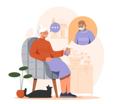 İnternetten büyükannenle büyükbabanı ara. Büyükannem ve büyükbabam arıyor. Uzaktan iletişim ve etkileşim. Sosyal ağlardaki yaşlılar. Düz vektör çizimi arkaplanda izole edildi