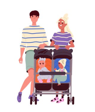 Bebek arabalı ebeveynler. Kadın ve erkek bebeklerle yürüyor. Ebeveynlik ve çocukluk. Anne ve baba çocuklarına değer veriyor. Düz vektör çizimi beyaz arkaplanda izole edildi