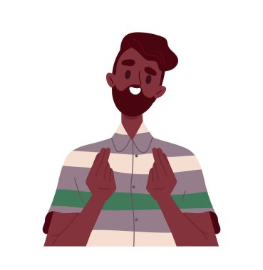 İnsan el hareketi gösterir. Yüz ifadesi ve duyguları olan bir adam. Adam para istiyor. İletişim ve etkileşim. Vücut dili. Düz vektör çizimi beyaz arkaplanda izole edildi