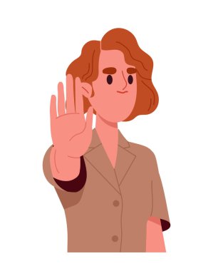 İnsan el hareketi gösterir. Yüz ifadesi ve duyguları olan bir adam. Kız dur tabelası. İletişim ve etkileşim. Karakter hayır diyor. Düz vektör çizimi beyaz arkaplanda izole edildi