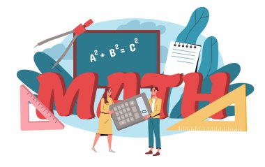 İnsanlar matematik öğreniyor. Cetvelin yanında hesap makinesi olan kadın ve erkek. Eğitim, öğrenme ve eğitim. Matematik dersi alan insanlar. Düz vektör çizimi beyaz arkaplanda izole edildi