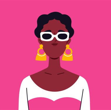 Moda kullanıcı avatarı. Güneş gözlüklü Afrikalı Amerikalı kadın. Güzellik, estetik ve zarafet. Sosyal ağlarda ve habercilerde profil. Düz vektör çizimi pembe arkaplanda izole edildi