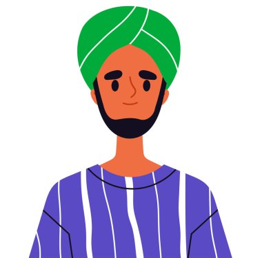 Moda kullanıcı avatarı. Başörtüsü içinde müslüman bir adamın portresi. Güzellik, estetik ve zarafet. Sosyal ağlarda ve habercilerde profil. Düz vektör çizimi beyaz arkaplanda izole edildi