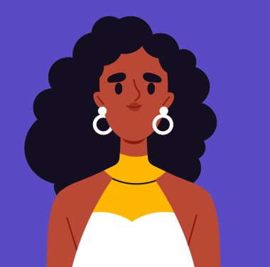 Moda kullanıcı avatarı. Kıvırcık saçlı Afrikalı Amerikalı bir kadının portresi. Güzellik, estetik ve zarafet. Sosyal ağlarda ve habercilerde profil. Düz vektör çizimi mavi arkaplanda izole edildi